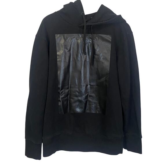 DKNY Black Faux Leather Logo Front Hoodie Hooded Sweatshirt Sz L - Picture 1 of 9